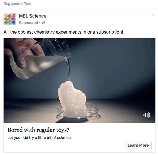 Αυτή η διαφήμιση MEL Science Facebook χρησιμοποιεί κλιπ από ένα βίντεο YouTube.