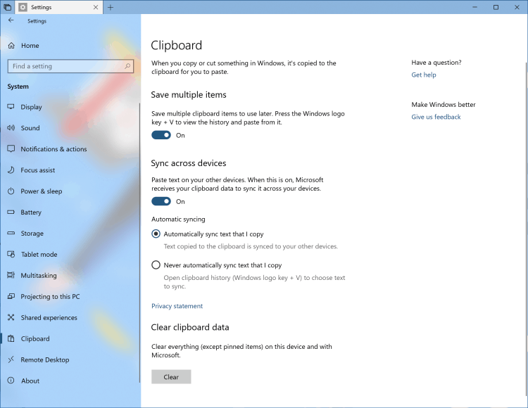 Windows 10 Πρόχειρο Cloud του RS5