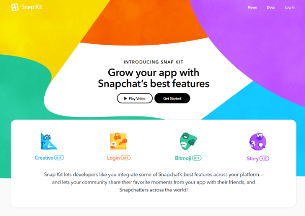 Snap Inc. εισήγαγε το Snap Kit, ένα πλήρες κιτ προγραμματιστών που επιτρέπει στους κατασκευαστές εφαρμογών να φέρουν μερικά από τα καλύτερα μέρη του Snapchat στις εφαρμογές τους.