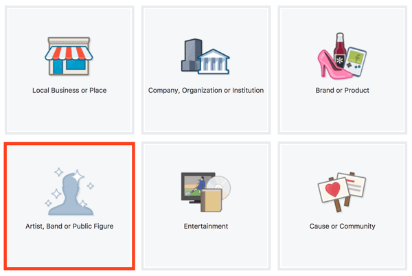 Επιλέξτε Καλλιτέχνης, Μπάντα ή Δημόσιο σχήμα ως τύπο σελίδας Facebook.