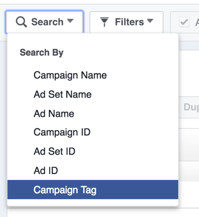 Αναζήτηση για διαφημιστικές καμπάνιες στο Facebook ανά ετικέτα.