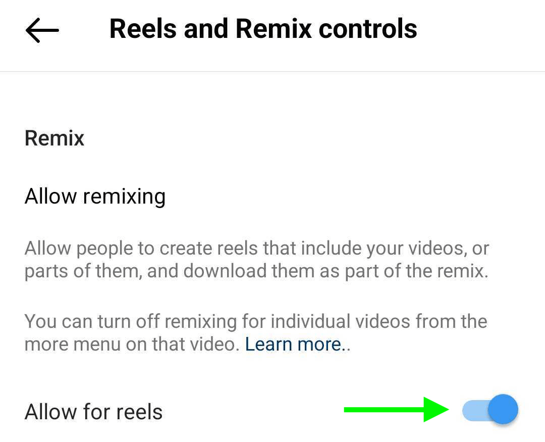 εικόνα των Reels και Remix Controls στις ρυθμίσεις επαγγελματικού προφίλ Instagram