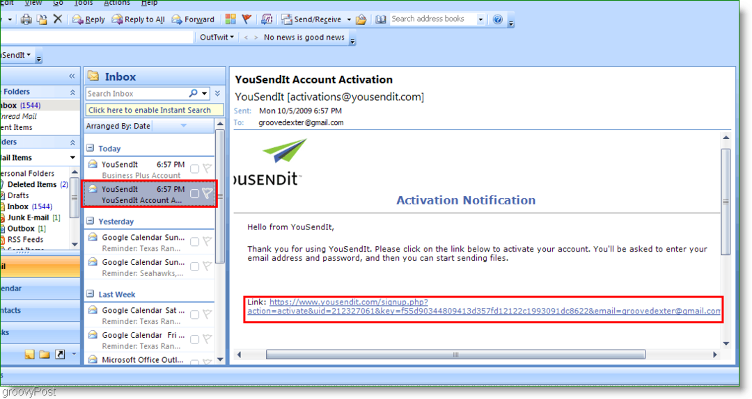 Σύνδεση ενεργοποίησης YouSendIt στο Outlook