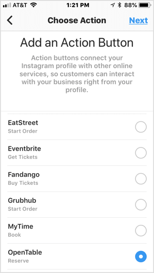 Επιλέξτε ένα κουμπί δράσης για να το προσθέσετε στο επιχειρηματικό σας προφίλ Instagram.