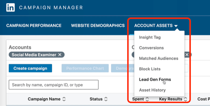 στιγμιότυπο οθόνης των Lead Gen Forms που έχουν επιλεγεί στο LinkedIn Campaign Manager