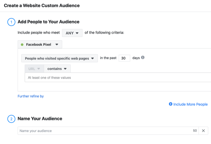 Παράδειγμα Facebook δημιουργήστε ένα μενού προσαρμοσμένου κοινού ιστότοπου που περιλαμβάνει τις επιλογές για να προσθέσετε άτομα που επισκέφτηκαν συγκεκριμένες ιστοσελίδες τις τελευταίες 30 ημέρες χρησιμοποιώντας το pixel facebook μαζί με την επιλογή να ονομάσετε το κοινό σας