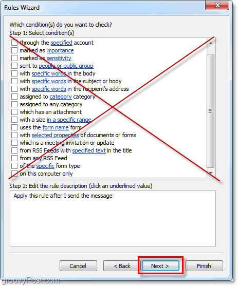 dont επιλέξτε τυχόν προϋποθέσεις για τα μηνύματα ηλεκτρονικού ταχυδρομείου που αποστέλλονται στο Outlook 2010