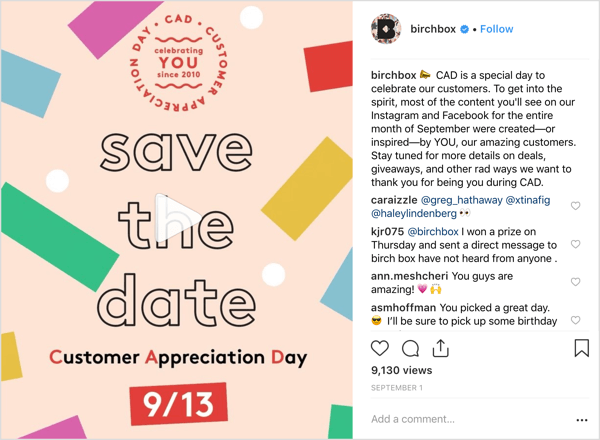 Ο λογαριασμός Instagram της Birchbox αντιμετώπισε τους οπαδούς του σε προσφορές, δώρα και εκπλήξεις για να σηματοδοτήσει την Ημέρα Εκτίμησης των Πελατών.