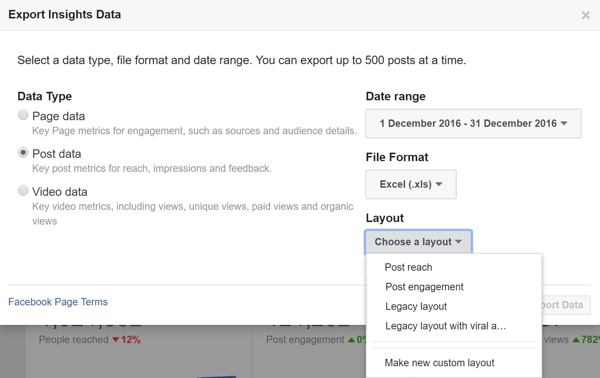 Επιλέξτε μια διάταξη κατά την εξαγωγή του Facebook Post Data Insights.