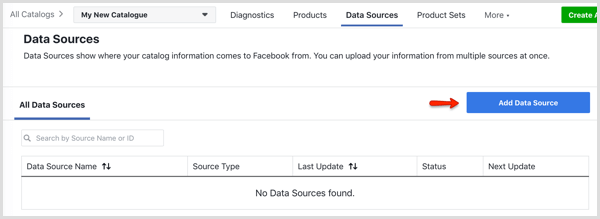Προσθήκη κουμπιού προέλευσης δεδομένων στην καρτέλα Πηγές δεδομένων στο Facebook Catalog Manager