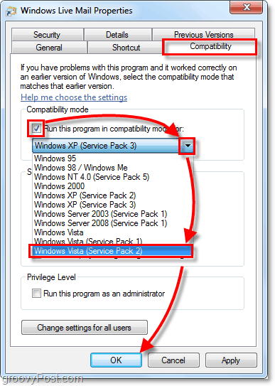 Windows Live Mail λειτουργία συμβατότητας