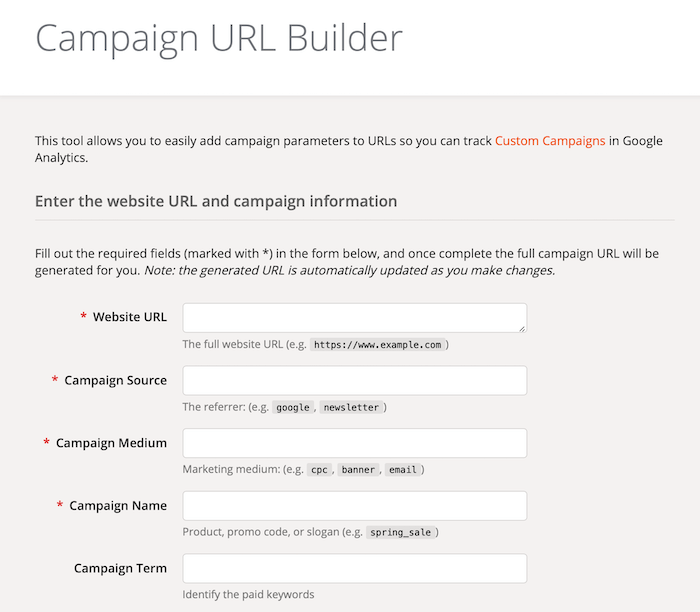 Πεδία φόρμας του Google Analytics Campaign URL Builder