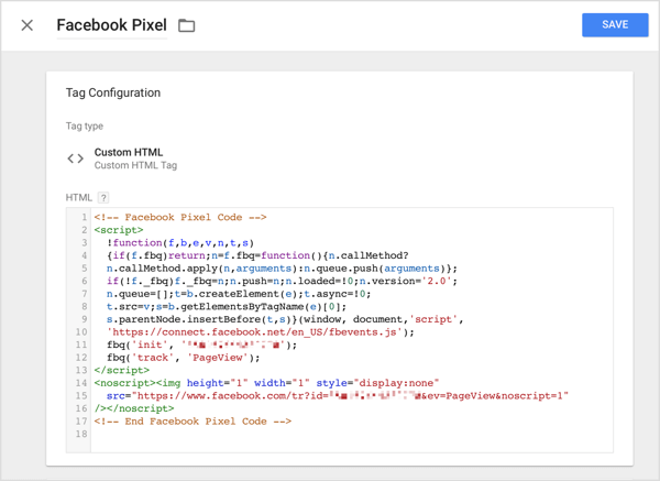 Στον Διαχειριστή ετικετών Google, κάντε κλικ στην επιλογή Προσαρμοσμένη HTML και επικολλήστε τον κώδικα παρακολούθησης που αντιγράψατε από το Facebook στο πλαίσιο HTML.
