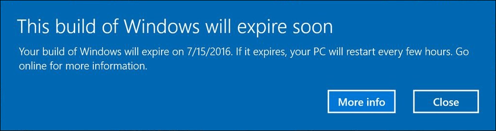 Η Προεπισκόπηση των Windows 10 Insider δημιουργεί ειδοποίηση χρηστών με ειδοποιήσεις λήξης