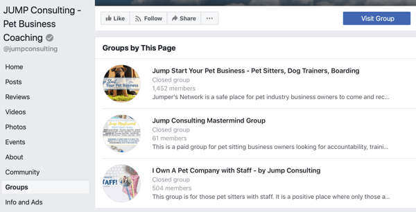 Πώς να χρησιμοποιήσετε τις δυνατότητες των Ομάδων Facebook, παράδειγμα ομάδων στη σελίδα Facebook, JUMP Consulting
