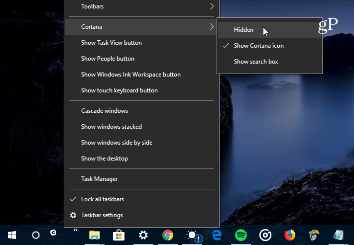 απόκρυψη πλαισίου αναζήτησης Cortana