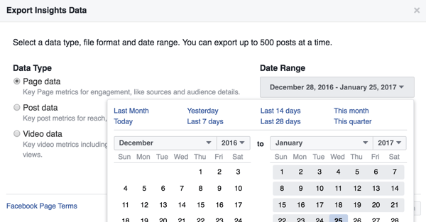 Μπορείτε να αλλάξετε το εύρος ημερομηνιών για τα δεδομένα του Facebook Insights που κατεβάζετε.