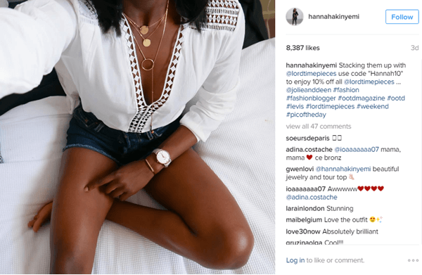 Το μοντέλο Hannah Akinyemi διαθέτει ένα ρολόι από τον Lord Timepieces μαζί με έναν κωδικό έκπτωσης στο Instagram.