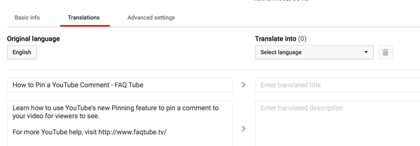 Στην καρτέλα Μεταφράσεις για το βίντεό σας στο YouTube, εισαγάγετε έναν μεταφρασμένο τίτλο και περιγραφή.