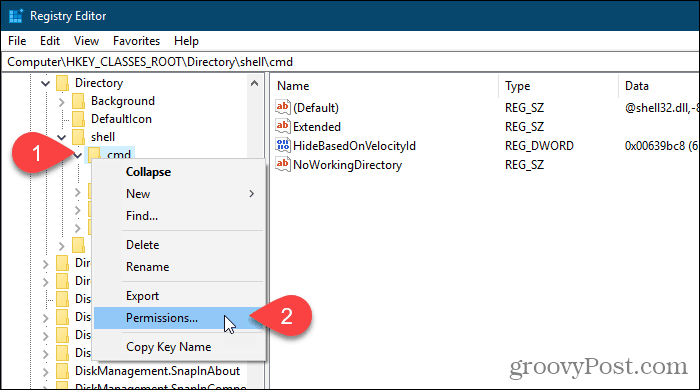 Κάντε δεξιό κλικ σε ένα κλειδί μητρώου και επιλέξτε Δικαιώματα στον Επεξεργαστή μητρώου των Windows