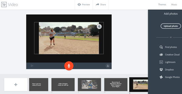 Στο Adobe Spark, μπορείτε να επιλέξετε ένα πρότυπο και να το προσαρμόσετε με κείμενο, εικόνες και βίντεο κλιπ.