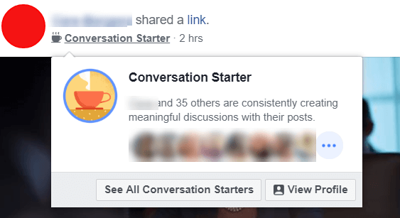Το Facebook φαίνεται να πειραματίζεται με νέα σήματα Starter Conversation, τα οποία επισημαίνουν χρήστες και διαχειριστές που δημιουργούν συνεχώς σημαντικές συζητήσεις με τις αναρτήσεις τους.