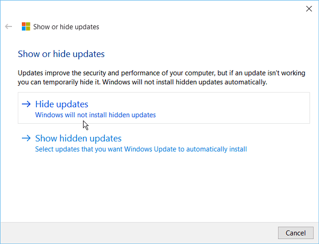 Απόκρυψη εργαλείου ενημέρωσης των Windows 10