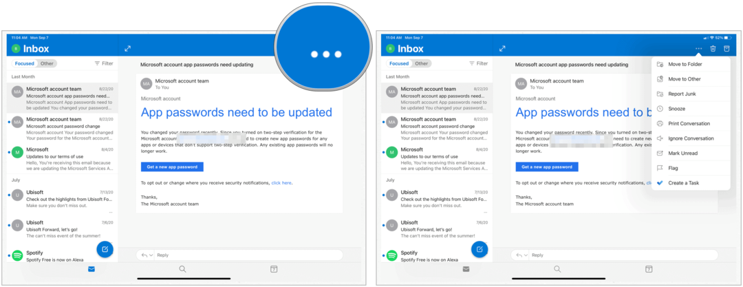 Γρήγορες ενέργειες του Microsoft Outlook για iPad