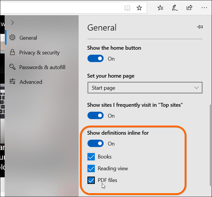 Microsoft Dictionary Edge Ρυθμίσεις