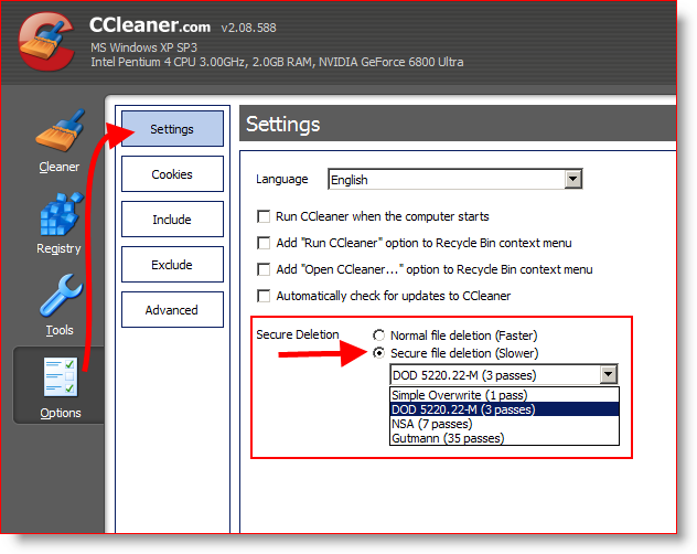 Διαμορφώστε το CCleaner για να σκουπίσετε με ασφάλεια και να διαγράψετε αρχεία 3 φορές ή DOD 5220.22-M