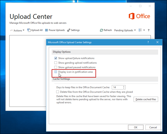 Επιλογές οθόνης του κέντρου μεταφόρτωσης του Microsoft Office