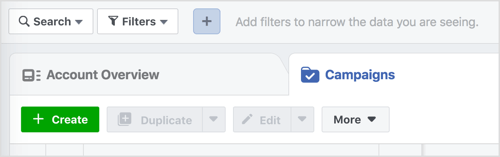 Κάντε κλικ στο κουμπί Δημιουργία για να ξεκινήσετε μια νέα καμπάνια στο Facebook.