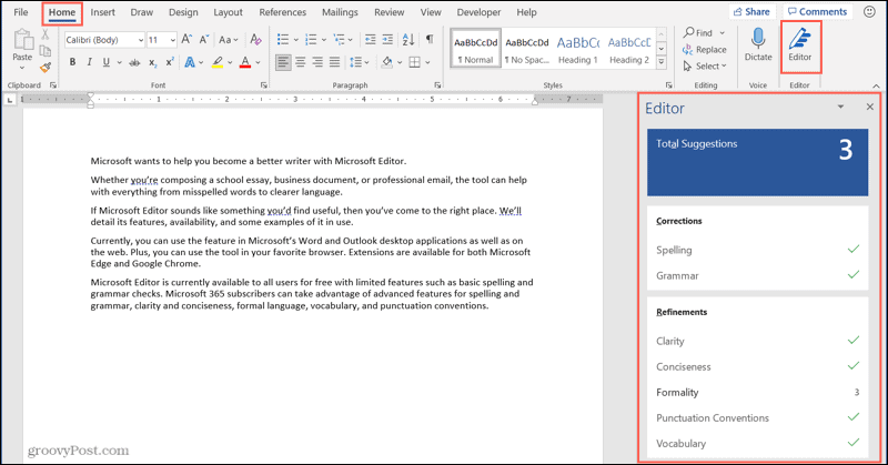 Κουμπί Microsoft Editor και πλευρική γραμμή στην επιφάνεια εργασίας του Word