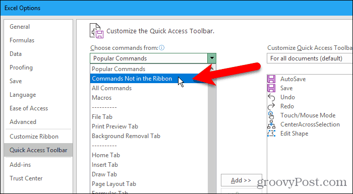 Επιλέξτε τις εντολές που δεν βρίσκονται στη κορδέλα στο παράθυρο διαλόγου Επιλογές του Excel