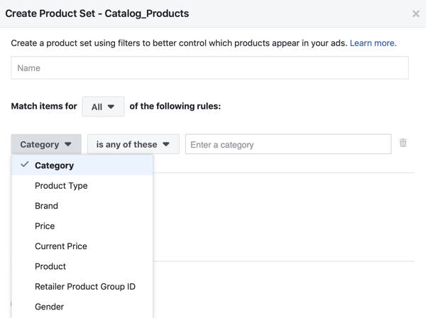 Χρησιμοποιήστε το Facebook Event Setup Tool, βήμα 28, επιλογή μενού Facebook για να εφαρμόσετε φίλτρα στα προϊόντα που εμφανίζονται στους πελάτες