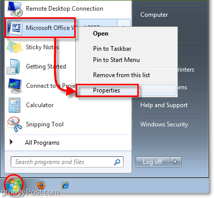πώς να αποκτήσετε πρόσβαση στις ιδιότητες συντόμευσης για μια συντόμευση των Windows 7