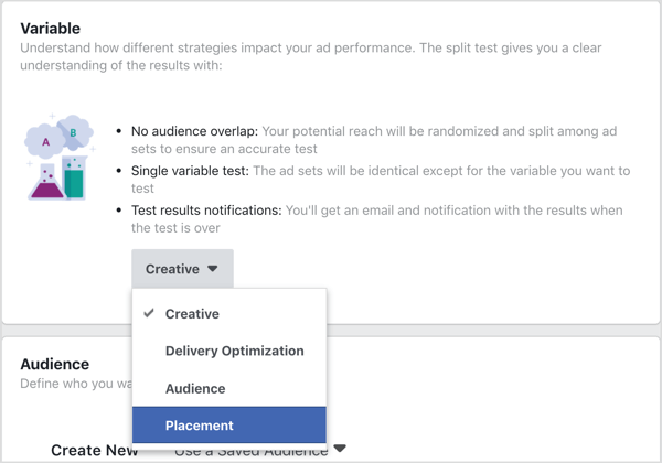 Επιλέξτε Τοποθέτηση ως μεταβλητή για δοκιμή με δοκιμή split Facebook