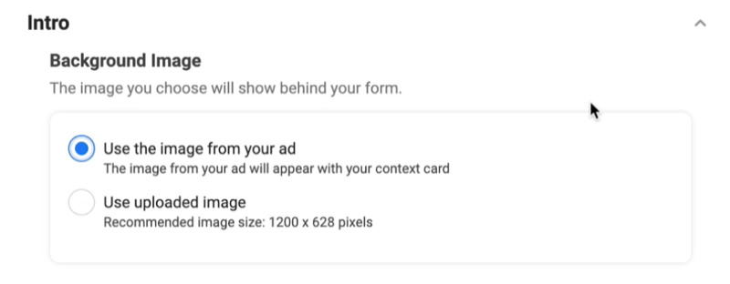Οι διαφημίσεις μολύβδου facebook δημιουργούν μια νέα επιλογή φόρμας δυνητικού πελάτη για να χρησιμοποιούν μια εικόνα φόντου με τη χρήση της εικόνας από την επιλογή διαφήμισης που έχετε επιλέξει