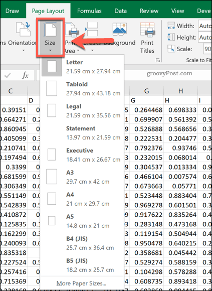 Επιλογές μεγέθους σελίδας Excel