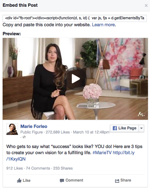 marie forleo βίντεο στο facebook post embed code