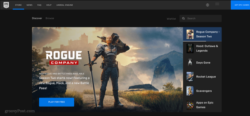 Ένα στιγμιότυπο οθόνης που δείχνει τον ιστότοπο του Epic Games Store