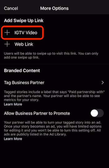 επιλογή για προσθήκη συνδέσμου σάρωσης προς τα πάνω σε βίντεο IGTV