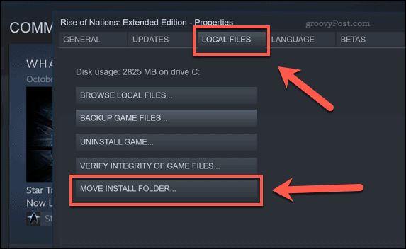 Κουμπί επιλογής Steam Move Install Folder