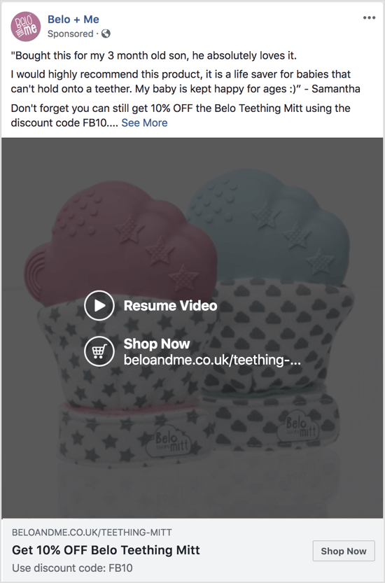 Αυτή η διαφήμιση στο Facebook χρησιμοποιεί ένα βίντεο παρουσίασης διαφανειών για την προώθηση έκπτωσης σε ένα συγκεκριμένο προϊόν.