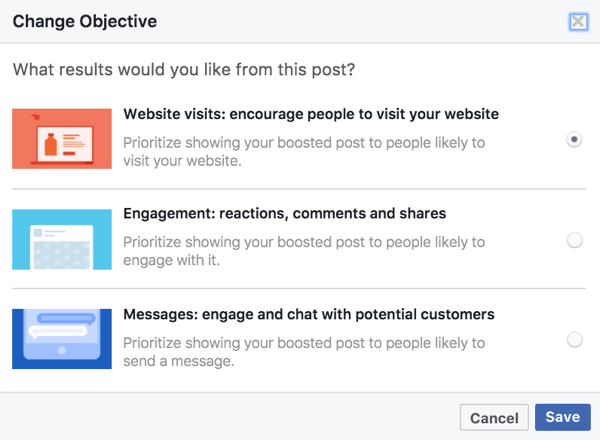Οι αντικειμενικές επιλογές για ενισχυμένες αναρτήσεις βασίζονται στα μέσα που χρησιμοποιούνται στην ανάρτησή σας στο Facebook.