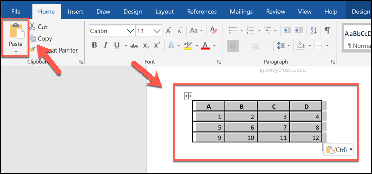 Επικολλημένα κελιά από ένα υπολογιστικό φύλλο Excel, που εμφανίζεται ως πίνακας στο Word