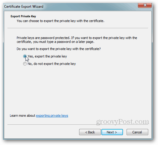 Εξαγωγή πιστοποιητικού Windows - ιδιωτικό κλειδί Ναι