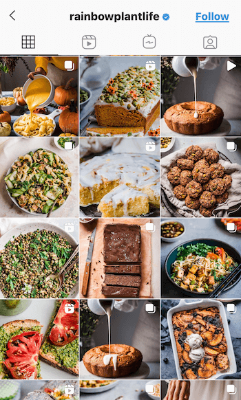 παράδειγμα στιγμιότυπου οθόνης της ροής instagram @rainbowplantlife που δείχνει τα vegan φαγητά τους που εμφανίζονται σε βαθιές, πλούσιες αποχρώσεις