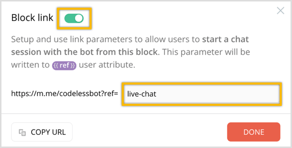 Επιλογή ChatFuel Block Link