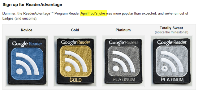 Google Reader 2010 Απρίλιος Fools Reader Πλεονέκτημα Badge